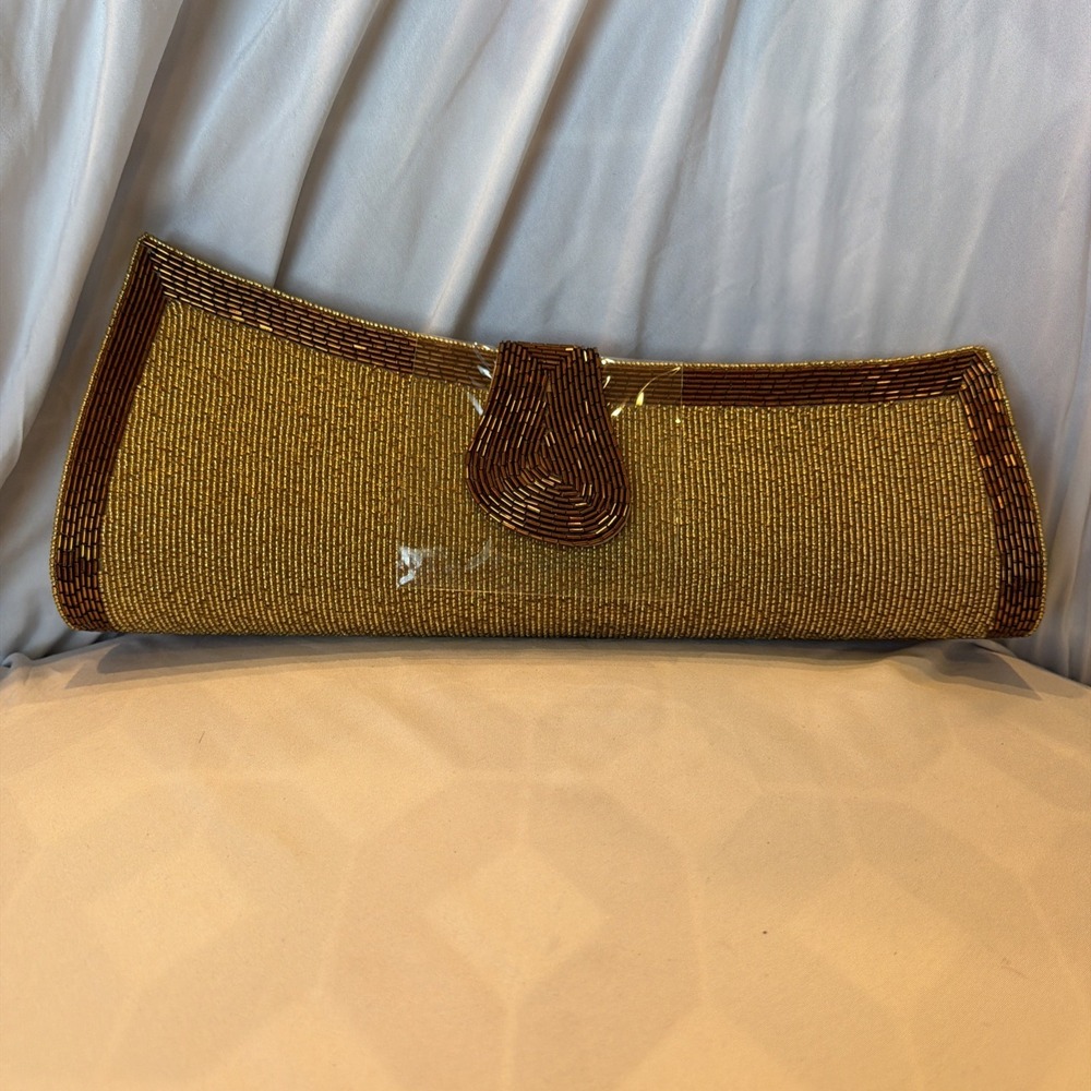IMAN Gold Beaded Clutch NEW NWOT Evening Bag Formal Wedding Cocktail Purse